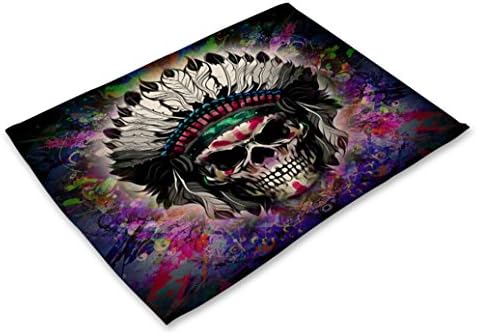 GT Placemat, Skull Head, Cotton and linen, Printing, Western mats, Rectangular, Non-slip mat, Heat-resistant, waterproof mats, Kitchen, Tableware mats, (6*Placemats, 42*32CM)