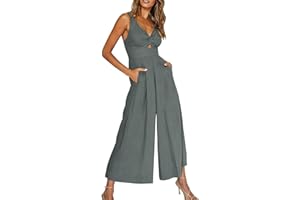 GENERIC Femme Combinaison Décontractée Overall pour Femme Jambe Large Combinaison sans Manches Décolleté en V Dos Libre Combinaison Baggy Uni Combinaison avec Poches 2024 Vêtements