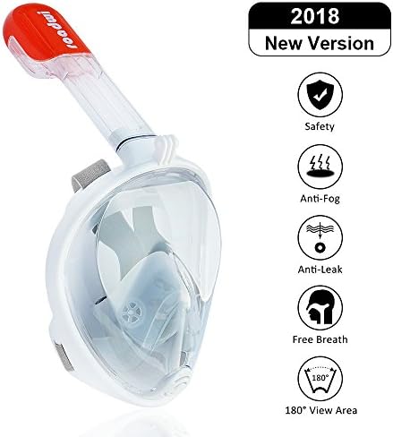 ROADWI Snorkel Mask, Full face Snorkeling Gear 180 Degree Viewing Diving Mask Smooth Breathing Anti-Fog Anti-Leak Design with GoPro Mount &amp; Drawstring Bag (White, S/M)