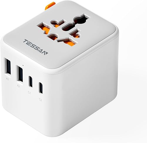 TESSAN Universal Travel Adapter, Travel Plug Adapter Worldwide with 1 Universal AC Outlet 4 USB Ports (2 USB C), International Plug Adaptor for UK to Europe USA Australia (Type C G A I) Grey White