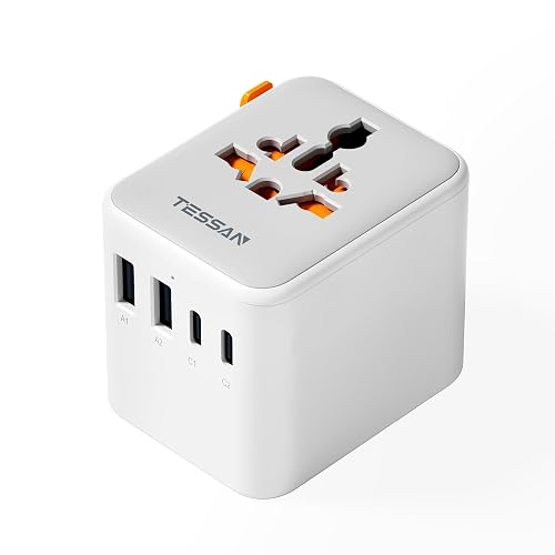 TESSAN Universal Travel Adapter, Travel Plug Adapter Worldwide with 1 Universal AC Outlet 4 USB Ports (2 USB C), International Plug Adaptor for UK to Europe USA Australia (Type C G A I) Grey White