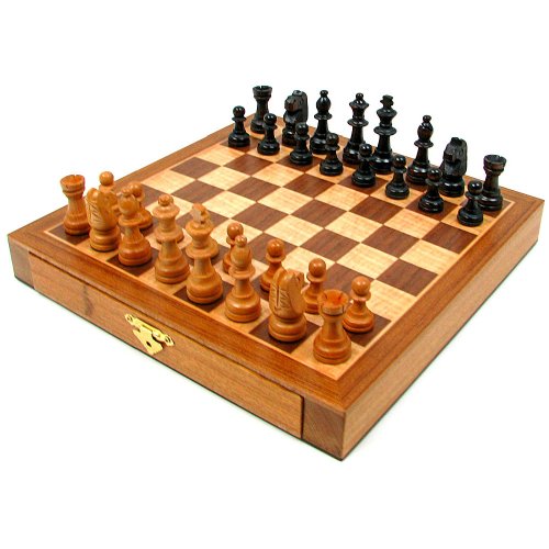 Trademark Games Elegant Inlaid Wood Cabinet with Staunton Wood Chessmen, Brown