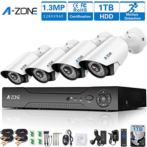 Preisvergleich Produktbild A-ZONE Videoüberwachung Überwachungsset Überwachungskamera Set 8 Kanal DVR Videorecorders mit Nachtsicht Kamera 4 x 1.3MP 960P Überwachungskamera Außen mit Bewegungsmelder, mit 1TB HDD