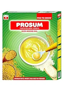 Prosum Fortified Baby Cereal, 300gms, Pack of 1, Pro-To-Grow, Rice Moong Dal with Iron Zinc Calcium Selenium and other essential Minerals, Vegan Gluten Free Soy Free, All Vegetarian, Suitable for age 6 months plus