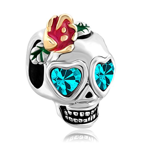 Abalorio en forma de calavera con cristales azul y verde, con flores y piedra natal, compatible con brazalete Chamilia, de Uniqueen