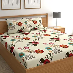 CG HOMES 144TC Microfiber Floral Pattern Double Size Bedsheet with Two Pillow Cover (Off-white)