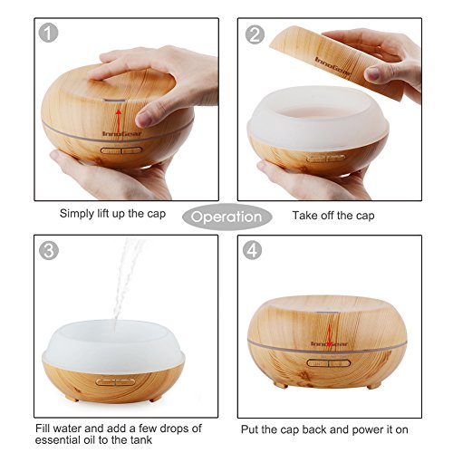 InnoGear 200 ml Aroma Diffusor,Aromatherapie Diffusor, Ätherisches Öl Diffusor,Ultraschall Aromatherapie Diffusoren,Luftreiniger, Hausbefeuchter mit 7 veränderbaren farbigen LED Lichter und 4 Timer Modi, falls wasserlos schaltet es sich automatisch aus. Helle Holzmaserung - 3