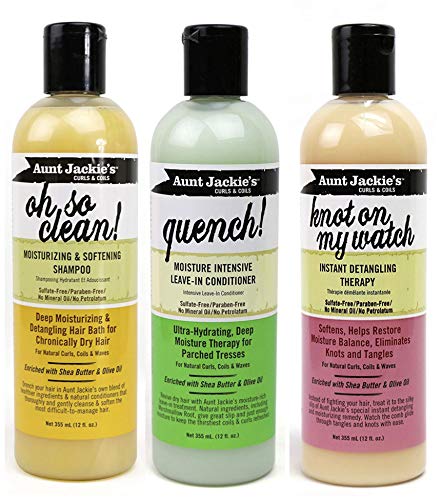 Aunt Jackies Curls & Coils - Lot de 3 soins capillaires - shampoing Oh So Clean 355 ml/après-shampoing sans rinçage hydratation intense Quench 355 ml/démêlant Knot On My Watch 355 ml