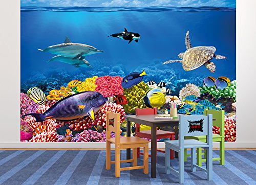 Fototapete Aquarium Wandbild Dekoration farbenfrohe Unterwasserwelt Meeresbewohner Ozean Fische Delphin Korallen-Riff Clownfisch | Foto-Tapete Wandtapete Fotoposter Wanddeko by GREAT ART (336 x 238cm) - 5