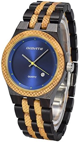 Natural Wood Watches for Men, Date Display Japanese Quartz Handmade Designer Wrist Watch, Antique and Fashion Luxury Wooden Watch Gift Idea for Him, Band Adjustment Tool Included W142A