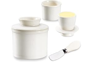 FARNIRVANA Beurrier à Eau, Beurrier Français en Céramique avec Couvercle et Couteau à Beurre, Cloche à Beurre Refroidi pour Beurre Frais et Tartinable, Design Vintage