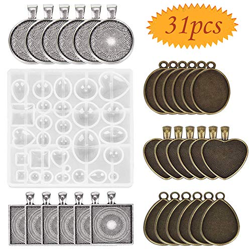 Bluesees - 30 vassoi per ciondoli, 5 stili di ciondoli vuoti, rotondi, quadrati, a forma di cuore, a goccia, ovali e 1 stampo in resina, per fai da te, gioielli e regali