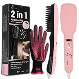 2-in-1 Ionic Hair Straightener Brush PTC Heating Hair Straightening Irons 5 Heat Settings for Different Hair Types 360 Rotatable Power Cord with Heat Resistant Glove