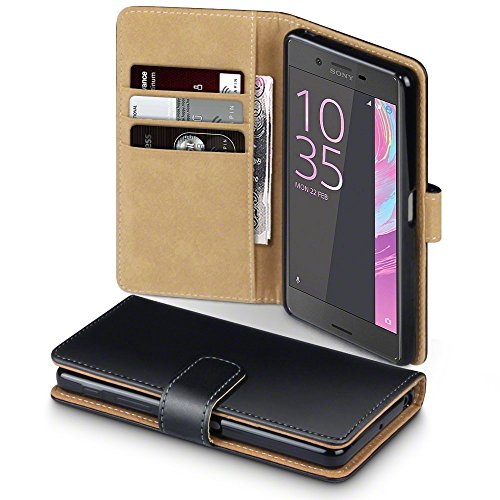 Sony Xperia X Performance Funda Cartera con tapa para billetera y compartimento para dinero - Negro con el interior tostado