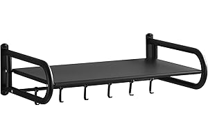 UZIQUEIF Küchenregal Wand, Küche Metall Edelstahl Wandregal für Mikrowelle/Mini-Ofen mit 6 Hakens - L60cm x W37cm x H18cm