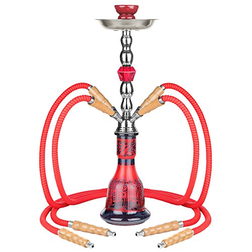 Mianova Shisha Hookah Set aus Glas: Wasserpfeife, 4 Schäuchen, Kohle, 5 Mundstücke und Zange – Rot - 2