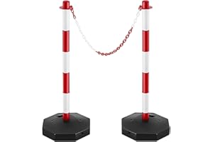 BERRY 2 Traffic Safety Delineator Posts - Red and White | Height Adjustable Barrier Posts with Fillable Base and 2 Meter Plastic Chain | Portable Indoor Queue & Access Control Poles with S Connectors