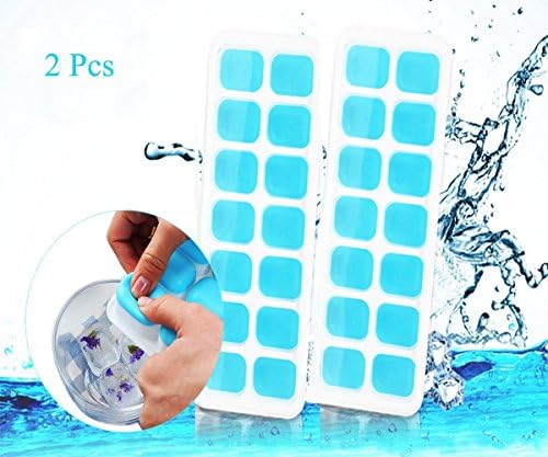 QingShe Ice Cube Tray, LFGB Certified Silicone Ice Cube Tray Molds with Non-Spill Lid, Best for Water, Cocktail and Other Drink (2 Pcs, Blue)