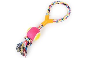 Four Guys Dog Rope Toys, 33cm Tennis Ball on A Rope Dog less aggressive game Squeaky Dog Toys, Training Pet Chew Interactive Washable Cotton Toy, teeth cleaner (Pack of 1 multi random Colors)