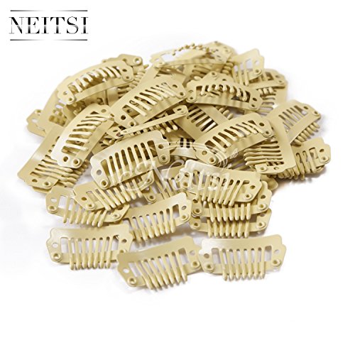 Neitsi® 50PCS Clip for Hair Extensions Wigs I SHAPE U SHAPE Metal Hair Snap Clips DIY (Yellow#, I shape--2.3cm)