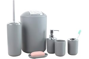Baijiaye Accessori Bagno Set Bagno Accessori Completo Set di 6 Accessori con Dispenser per Sapone,Scopino per WC,Portasapone,Secchio per Cosmetici e Porta Spazzolini Grigio