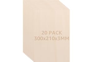CYEER 20 Pack Plywood Sheets, 3MM Basswood Sheets A4 Thin Plywood Board, Unfinished Wood Boards for Crafts, DIY, Wood Engraving, Laser Projects, Model Making, Decoration, Paintings, 300x210x3mm