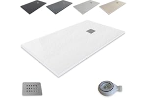 Plato de Ducha Resina Extraplano outletaseo –Todas las medidas disponibles - Antideslizante Textura Pizarra - Incluye Válvula desagüe+Rejilla (160x90, Blanco RAL 9003)