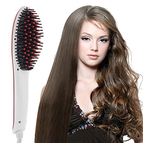 BEAUTY STAR® Hair Straightener Brush, White Digital Anti Static Ceramic Hair Straighteners Heating Detangling Hair Brush Paddle Brush For Faster Straightening Styling