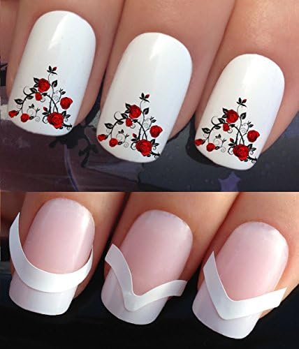 WATER NAIL TRANSFERS DECALS STICKERS ART SET #642 &amp; 172. **plus x48 nail tip guides!!** x12 RED ROSE &amp; LEAF FRENCH MANICURE TIPS TATTOO WRAPS &amp; x48 FRENCH MANICURE TIP GUIDES! CAN BE USED WITH NATURAL GEL ACRYLIC STICK ON NAILS! OR WITH GLITTER DUST CAVIAR BEADS ALLOYS DECORATIONS CONFETTI FIMO SHAPES TAPE PENS RHINESTONES!