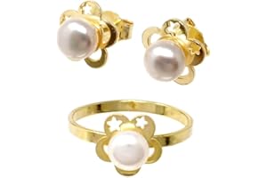 INMACULADA ROMERO IR Juego plata Ley 925m chapado oro Primera Comunión sortija pendientes perla flor pétalos calados