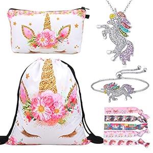 RLGPBON Pack de 5 Regalos de Unicornio para niñas, Mochila con cordón Bags/Maquillaje Bolsa/Collar Aleación Cadena/Lazos para el Cabello