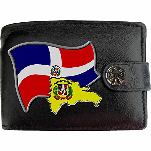 Preisvergleich Produktbild dominikanische Republik Flagge KLASSEK Herren Geldbörse Portemonnaie Brieftasche dominikanisch Wappen aus echtem Leder schwarz Dominicana Geschenk Präsent Mit Metallbox