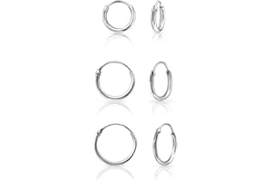 DTPsilver® 3 Paires - Lot Boucles d'oreilles Femme - Creoles Argent Femme - Argent 925 - Creoles Or Femme - Plaqué Or Jaune ou Rose - Helix Piercing Oreille - Fines: 1.2 mm - Diamètre: 8-14 mm