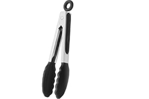 BANSHAN Kitchen Tongs Set of “9” Premium Stainless Steel Cooking Tongs Non Stick and Heat Resistant Handle, Silicone Tongs for Cooking Serving Frying and Cooking-Black (27cm)