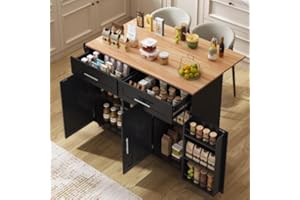 Huayz Isola da cucina autoportante con piano di lavoro pieghevole, carrello da cucina su 5 ruote, con ripiano e 2 cassetti, per sala da pranzo 129 x 71 x 91,5 cm (nero)