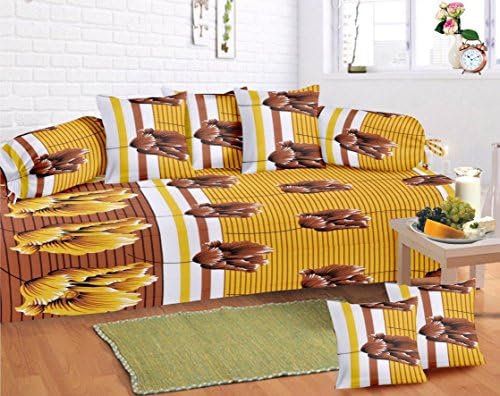 RelaxoLite Diwan Set 100% Cotton Floral Print 104 Thread Count Gift For Home Yellow Bedsheet With Cushion &amp; Bolster Cover Set