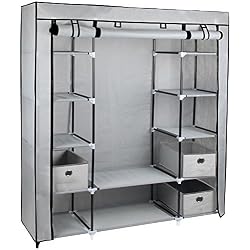 Gr8 Home Grande sur Toile Chambre à Coucher Garde-Robe avec Rail de penderie Etagere Armoire de Rangement pour vêtements, Tissu/métal, Gris, 134 x 45 x 175 cm