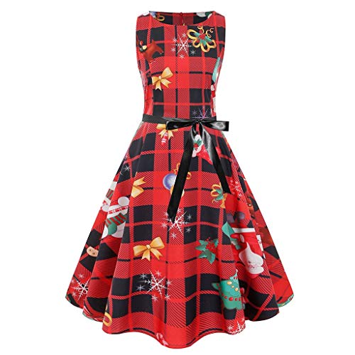 WUDUBE Cadeaux de Noël Robe de Soirée Cocktail Noël Fête Robe rétro Femme sans Manches Dentelle Vintage O-Neck A-Line Pin Up Swing Dress avec Impression de Noël