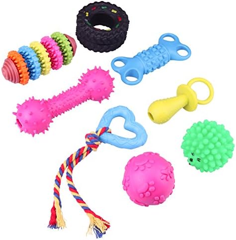 GeMoor 8 PACK Luxury Dog Chew Squeaky Toys, Including Rubber Bone, Squeaky Balls, Dental Teenth Rings Ropes for Puppy Medium Dogs (Random Color)