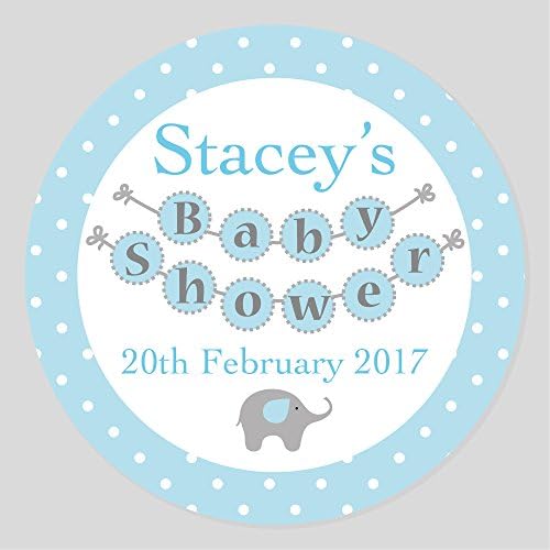 16 50mm Personalised ‘BABY SHOWER’ Blue Elephant Theme Keepsake / Party Stickers