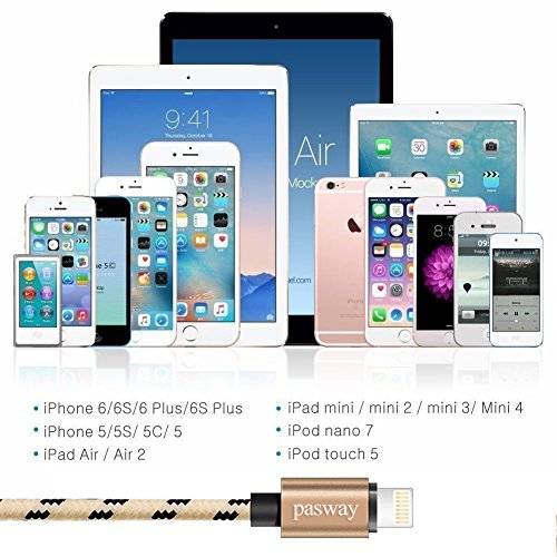 Pasway Lightning Kabel Nylon geflochten, 3 Pack (3FT, 6FT, 10FT), Lightning Durable Nylon geflochten extra lange Schnelle Ladekabel 2.0 A Micro USB Cord für iPhone 7/7 Plus / iPhone 6S / 6S Plus / 5 / 5s / 4 / SE IPad iPod (Gold) - 5