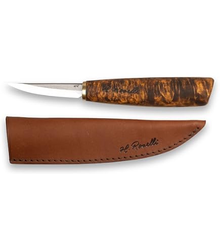 H. Roselli RW200S Jagdmesser – UHC Carbonstahl-Klinge, Griff Aus Maserbirke, Silberbeschläge, 23 Cm Gesamtlänge (mit Lederscheide)