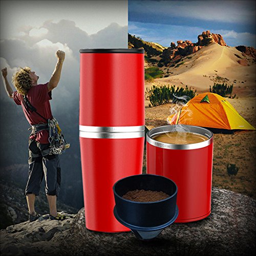 Manuelle Kaffeemaschine, Portable-Set All-in-One Kaffeemaschine Tumbler Handmühle Schleifer Nein Electric Outdoor Cappuccino Camping Wandern Reisen unterwegs … (Rot) - 5