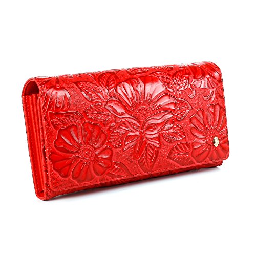 Preisvergleich Produktbild Anthoni Crown Leder Geldbörse mit Blumenprägung Rot