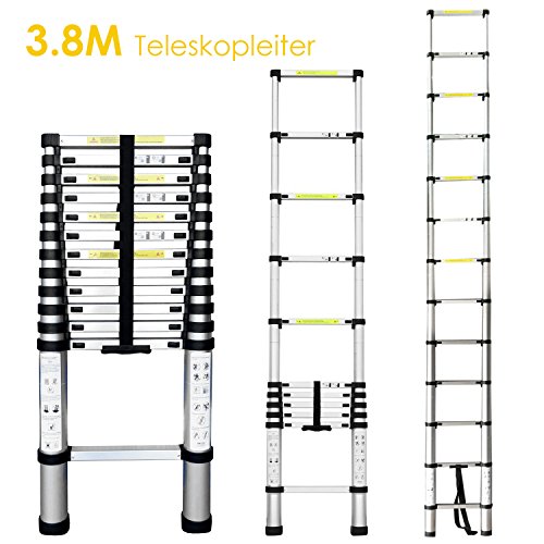 FEMOR 3.8M Alu Teleskopleiter Anlegeleiter Aluleiter Sprossenleiter Schiebeleiter