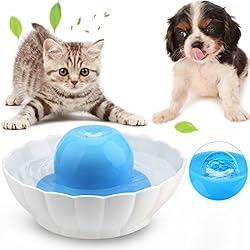 Bebedero Cerámico Gato/Perro Fuente para Mascotas Silencio, 2.1L/74Oz Dispensador de Agua Automático Doble Filtro de Lavavajillas Seguro, Azul & Blanco (Bebedero)