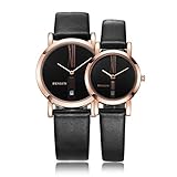 BINLUN Unisex Paar Uhren Analog Japanisches Quarzwerk mit Schwarz Leder Armband BL0052C-LRBB