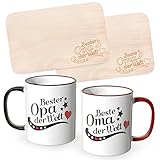 WANDKINGS Frühstücksbrettchen mit Gravur Beste Oma der Welt und Bester Opa der Welt mit dazugehörigen Tassen im Set, Ideales Geschenk für die Großeltern