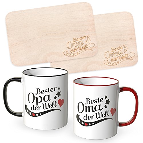 Wandkings® Frühstücksbrettchen mit Gravur "Beste Oma der Welt" und "Bester Opa der Welt" mit dazugehörigen Tassen im Set, ideales Geschenk für die Großeltern