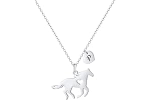 TINGN Regalos de caballo para niñas, collar de caballo de acero inoxidable para niñas, delicado colgante de caballo con corazón 26 iniciales, joyería de caballo para niñas, regalos de caballo para